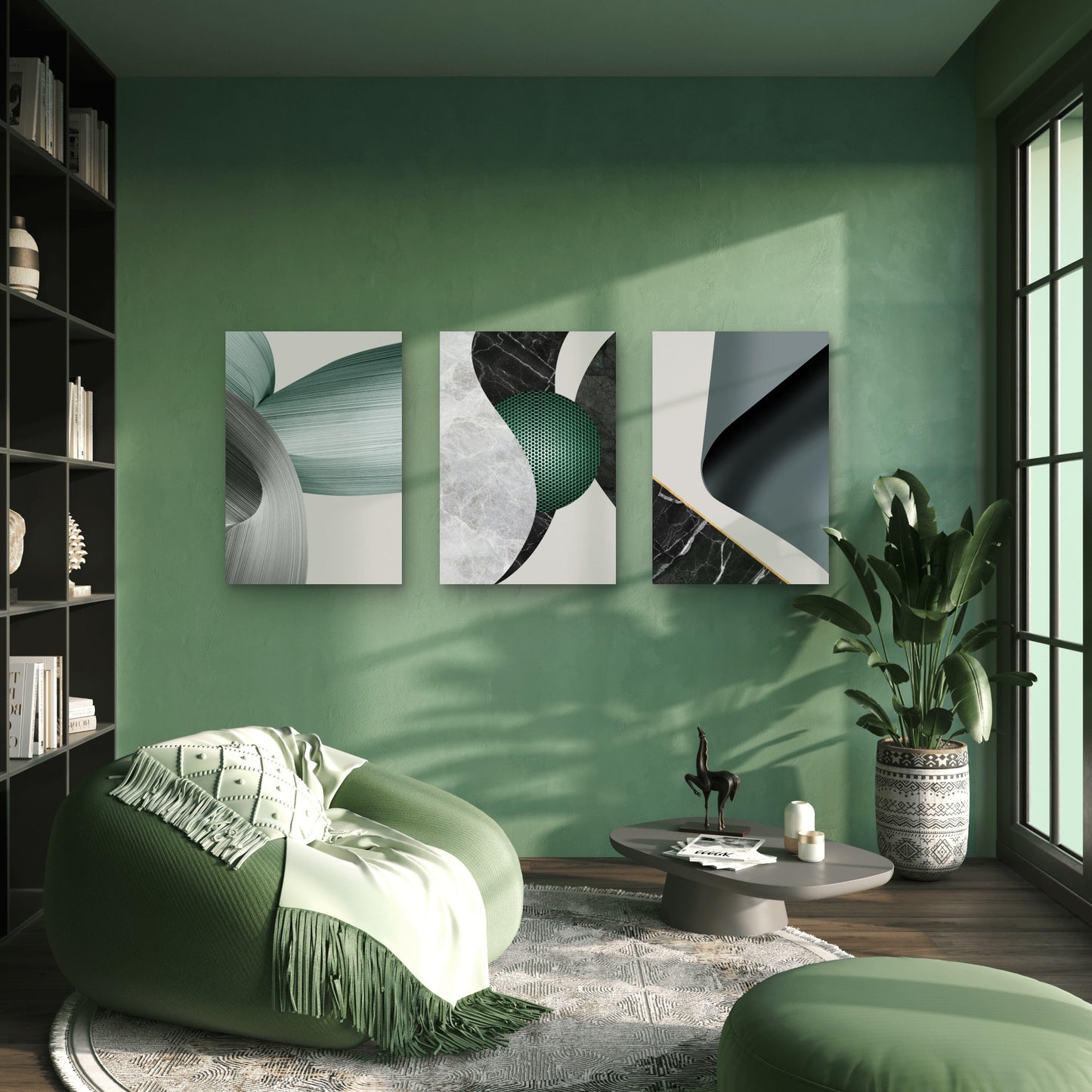 3pcs Minimalist Modern Green Black Marble Wall Art Set Canvas Framed 40x60cm - High Quality Print 100% Australian Made Wall Canvas Ready to Hang