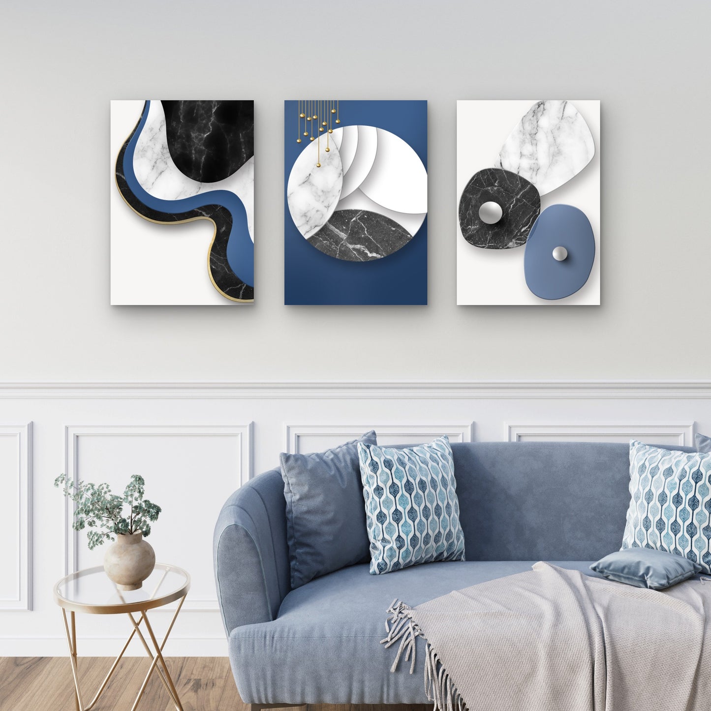 3pcs Minimalist Modern Navy Blue Marble Wall Art Set Canvas Framed 40x60cm - High Quality Print 100% Australian Made Wall Canvas Ready to Hang