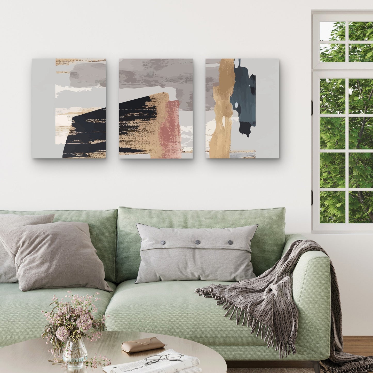 3pcs Nordic Modern Abstract Gold Grey Brush Wall Art Set Canvas Framed 40x60cm - High Quality Print 100% Australian Made Wall Canvas Ready to Hang