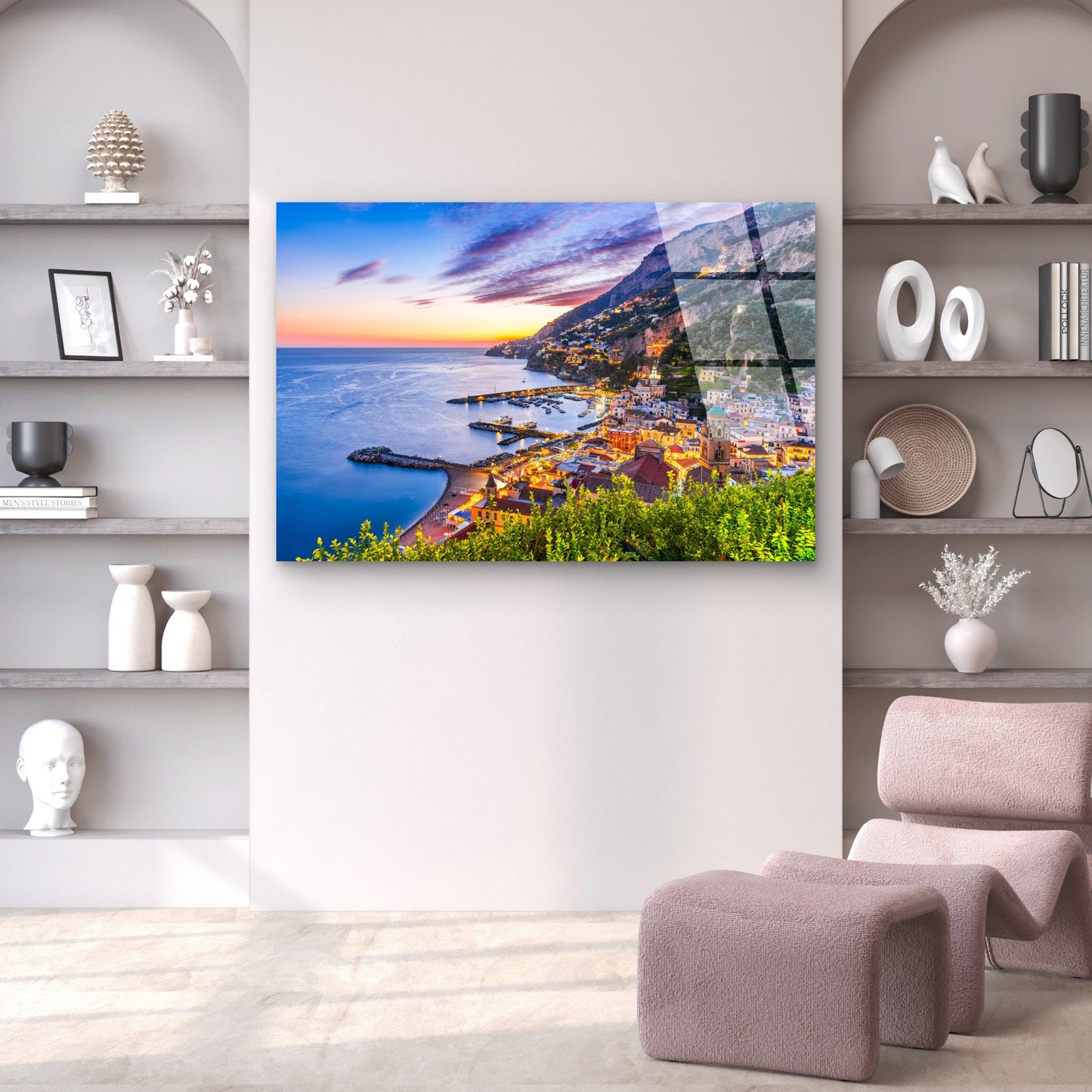 Mediterranean Sea Coastal Town Night Acrylic Glass Printing Wall Art Australian Made Quality