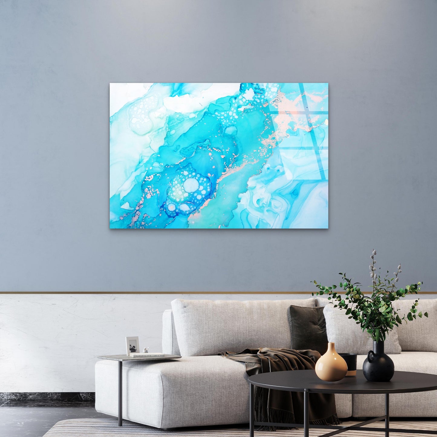 Abstract Turquoise Mint Blue Fluid Ink Acrylic Glass Printing Wall Art Australian Made Quality