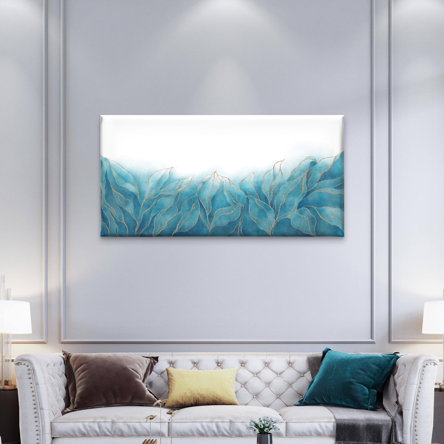 Teal Gold Leaf Watercolor Abstract Wall Art Canvas Office Home Framed 120x60cm