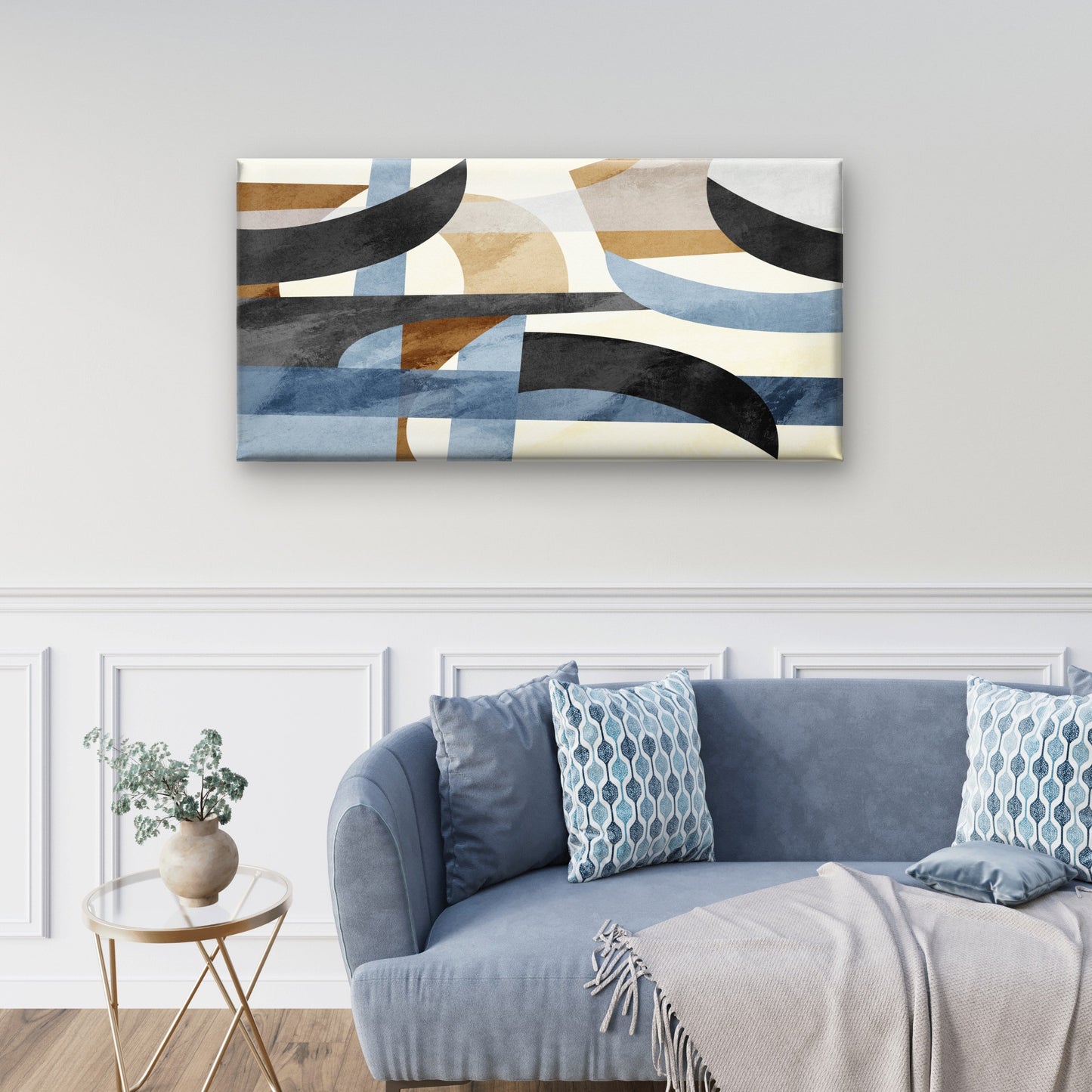 Abstract Geometric Blue Beige Curve Wall Art Canvas Office Home Framed 120x60cm