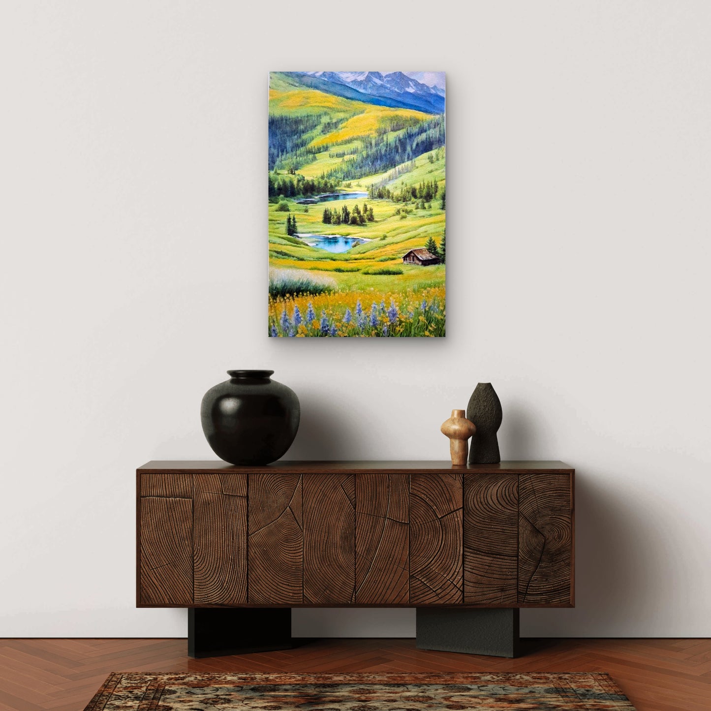Alpine Meadow Mountain Valley Cabin Wildflower Metal Print Ready to Hang