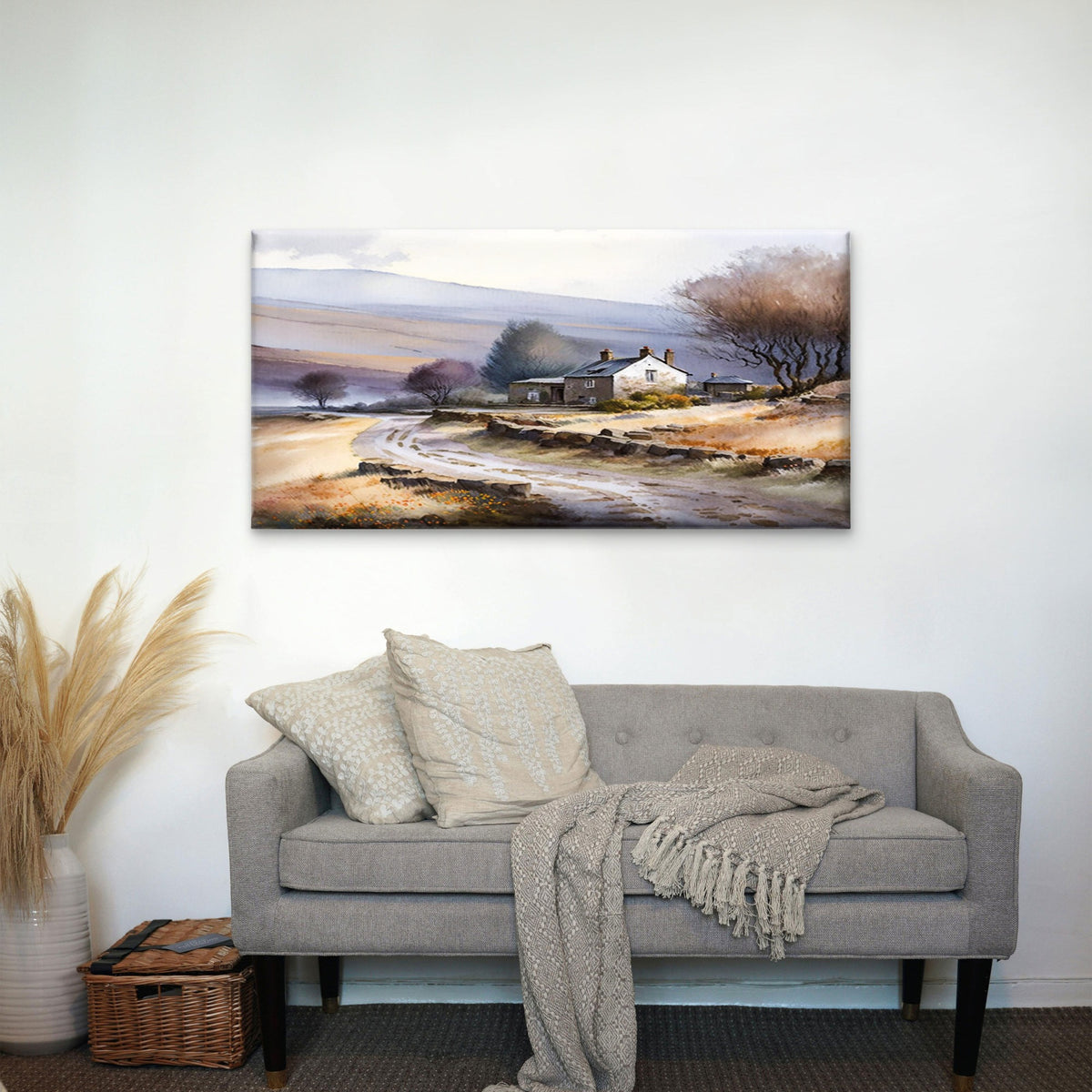 Cottage Landscape Paint Country Road Wall Art Canvas Office Home Framed 120x60cm