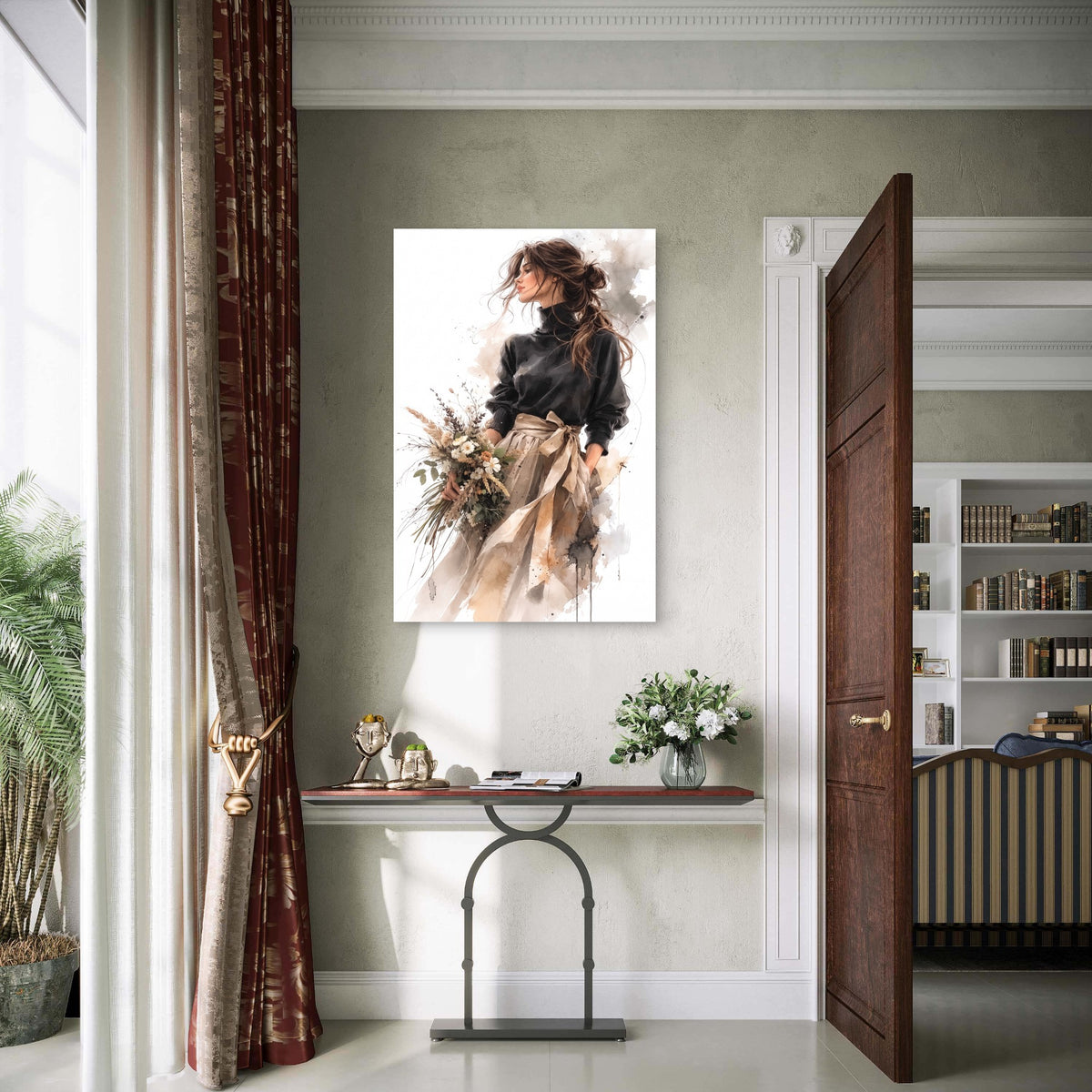 Modern Fashion Elegant Woman Black Sweater Flower Metal Print Ready to Hang