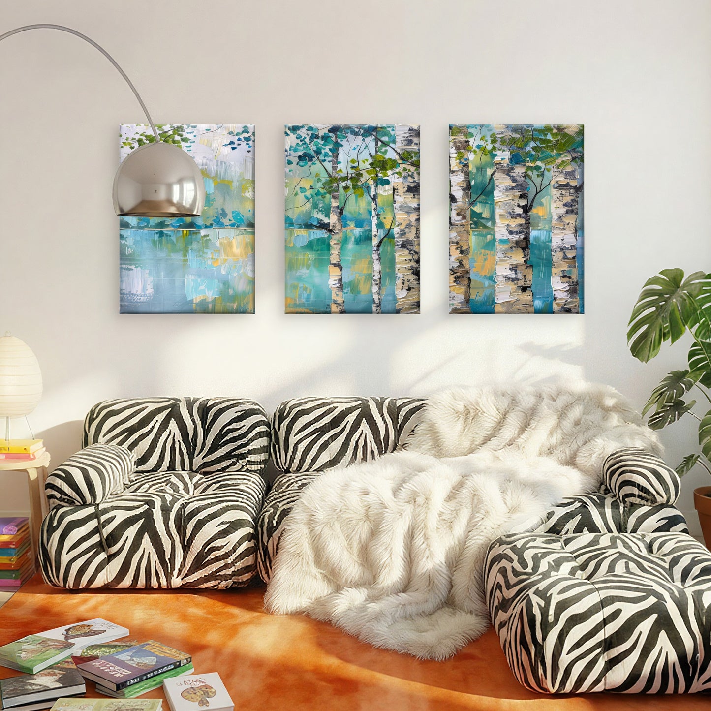 3pcs Abstract Birch Tree Forest Teal & Green Wall Art Set Canvas Framed 40x60cm - High Quality Print 100% Australian Made Wall Canvas Ready to Hang