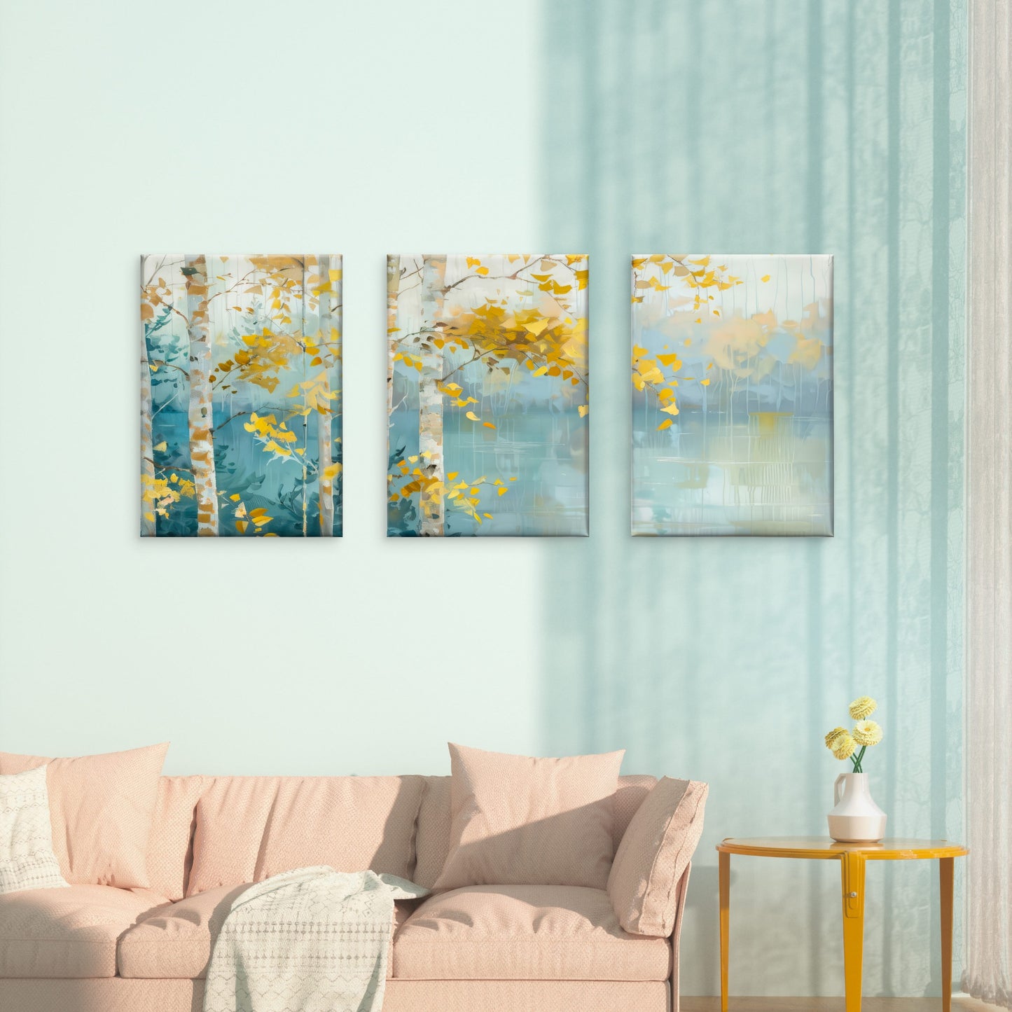 3pcs Abstract Autumn Birch Trees Yellow & Teal Wall Art Set Canvas Framed 50x70cm - High Quality Print 100% Australian Made Wall Canvas Ready to Hang