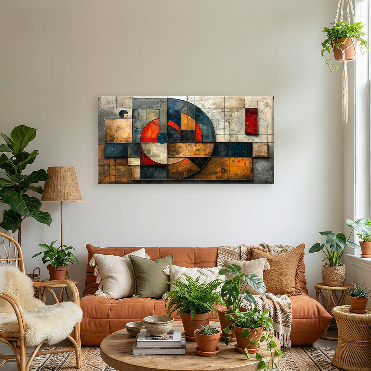 Industrial Rust Orange Teal Circles Wall Art Canvas Office Home Framed 120x60cm