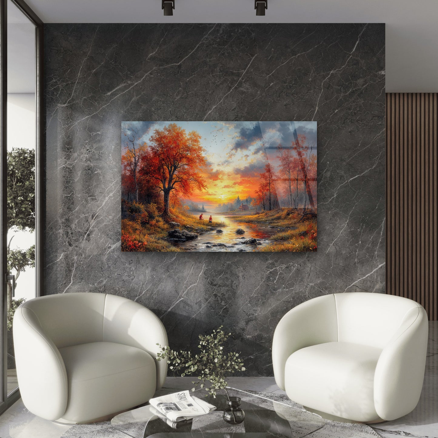 Rustic Autumn Lakeside Cabin Painting Acrylic Glass Printing Wall Art Australian Made Quality