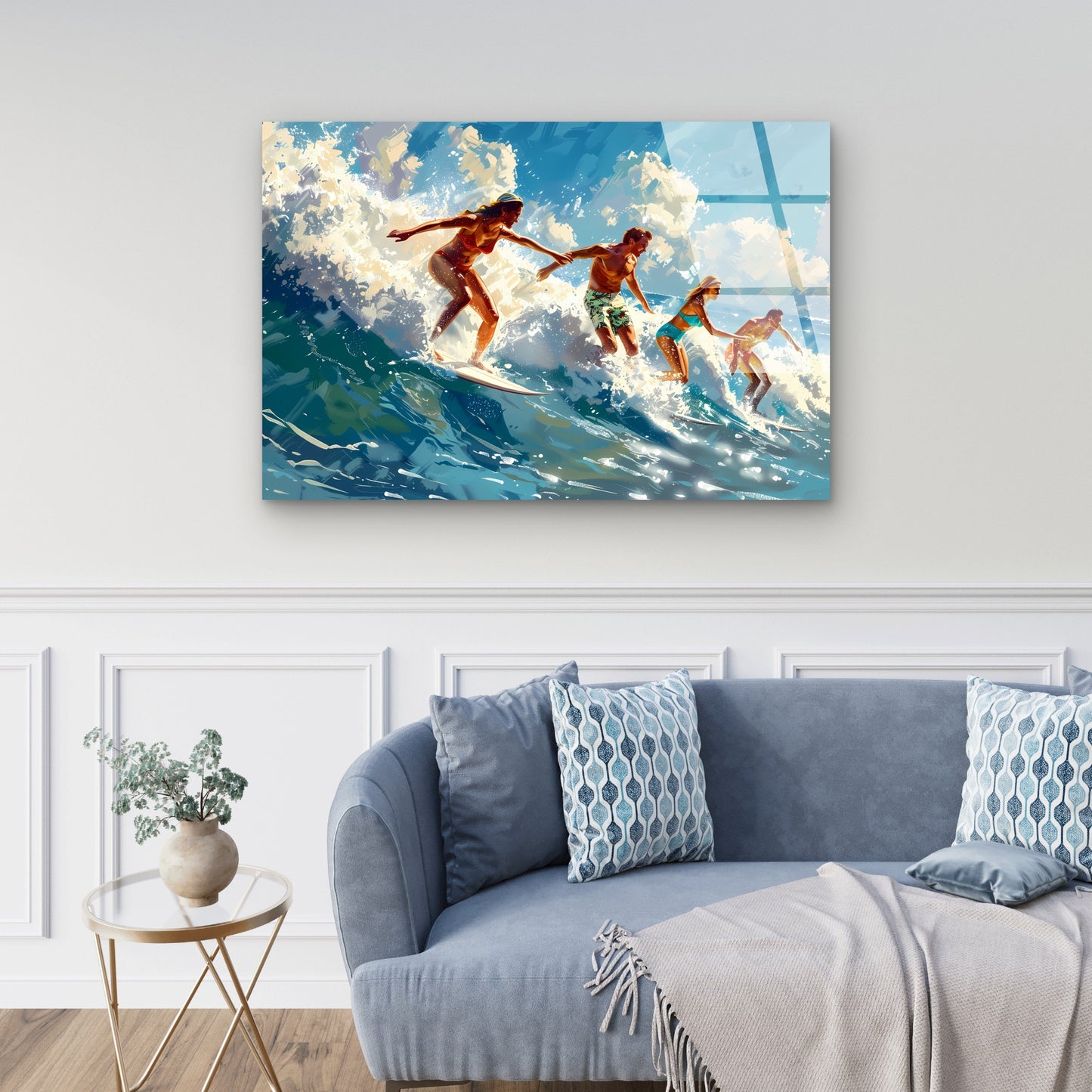 Retro Surfing Friends Ocean Wave Painting Acrylic Glass Printing Wall Art Australian Made Quality