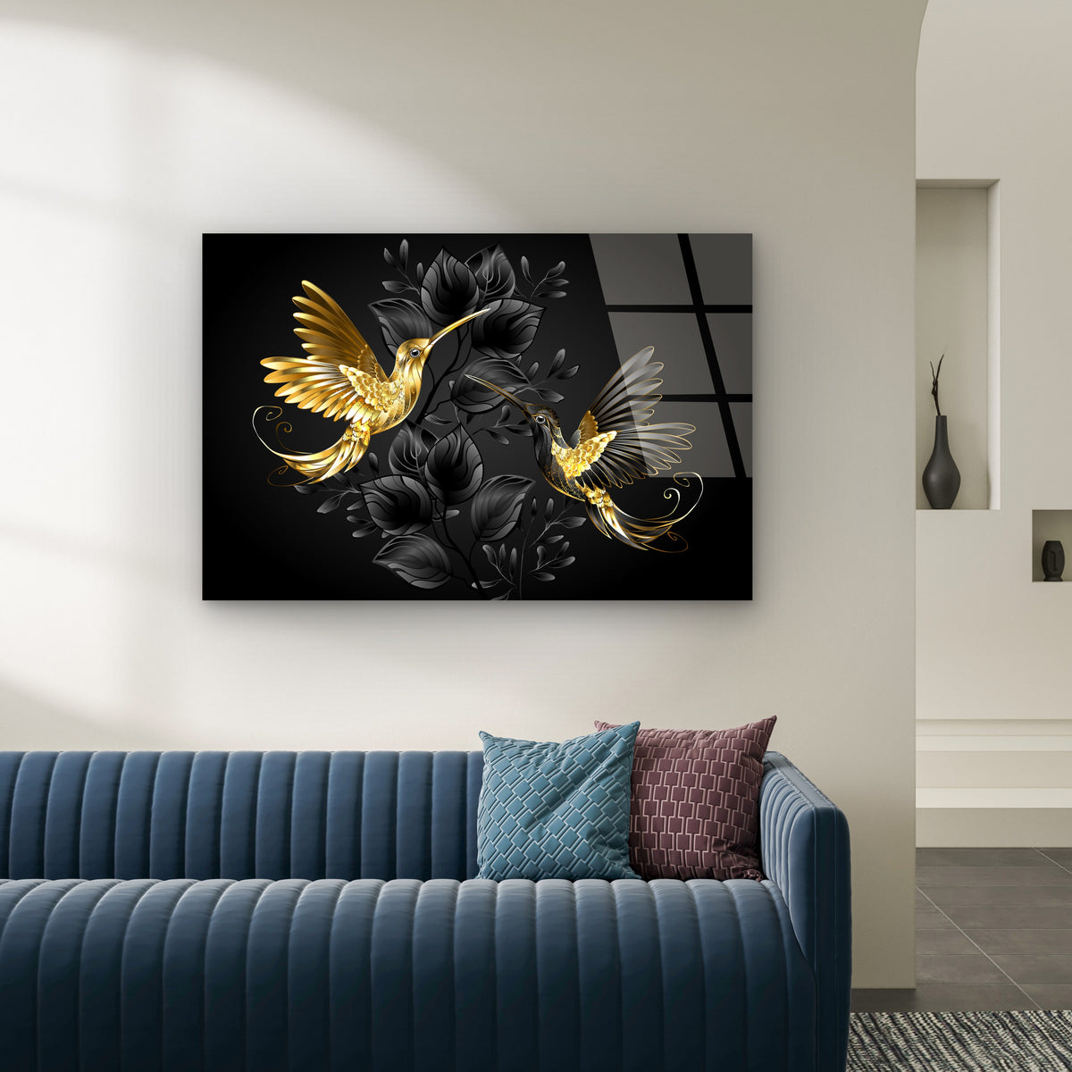 Luxury Gold Hummingbird Black Floral Acrylic Glass Printing Wall Art Australian Made Quality