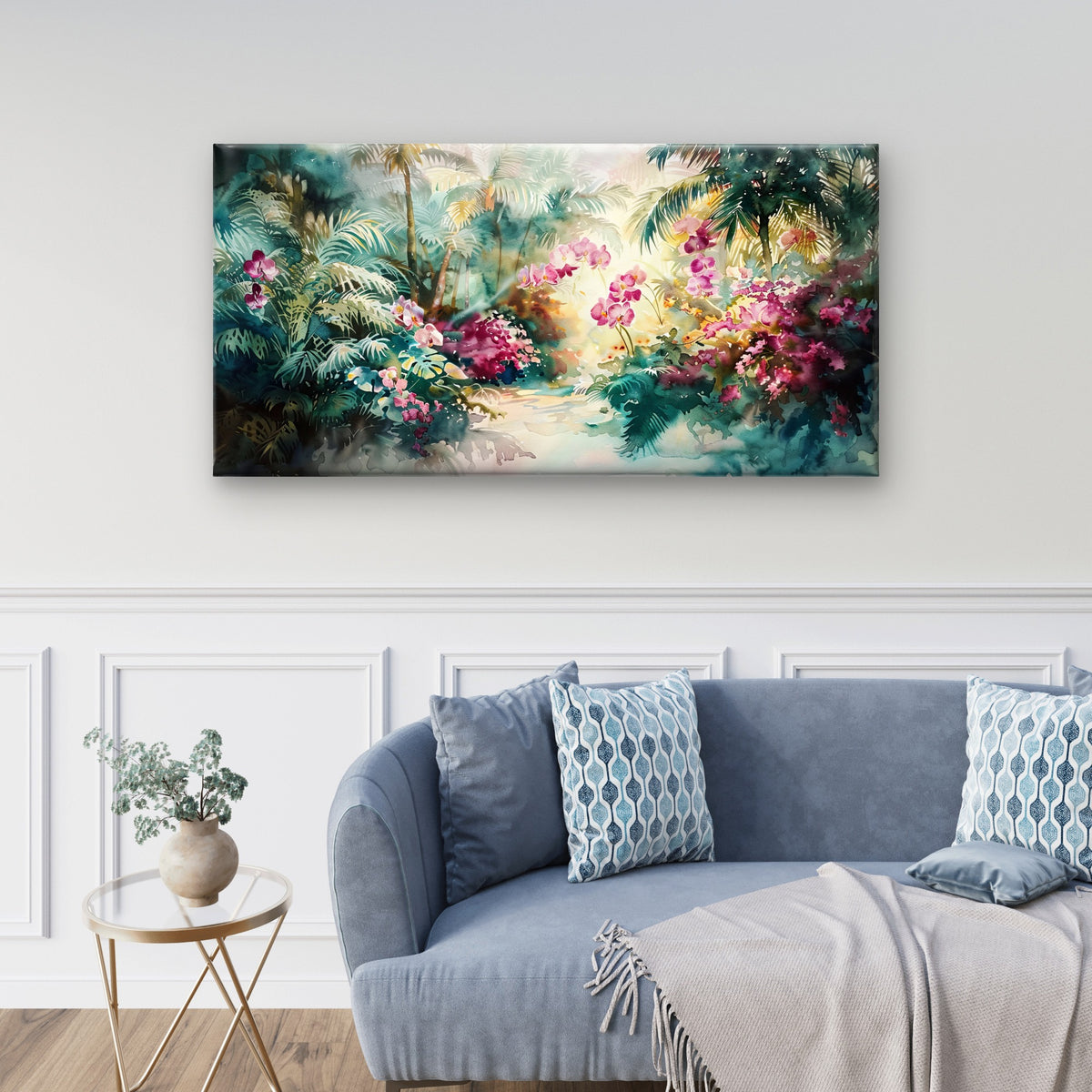 Tropical Watercolor Orchid Garden Wall Art Canvas Office Home Framed 120x60cm