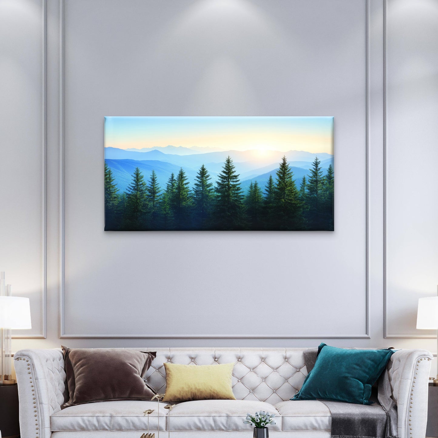 Sunrise Blue Mountain Pine Wood Wall Art Canvas Office Home Framed 120x60cm