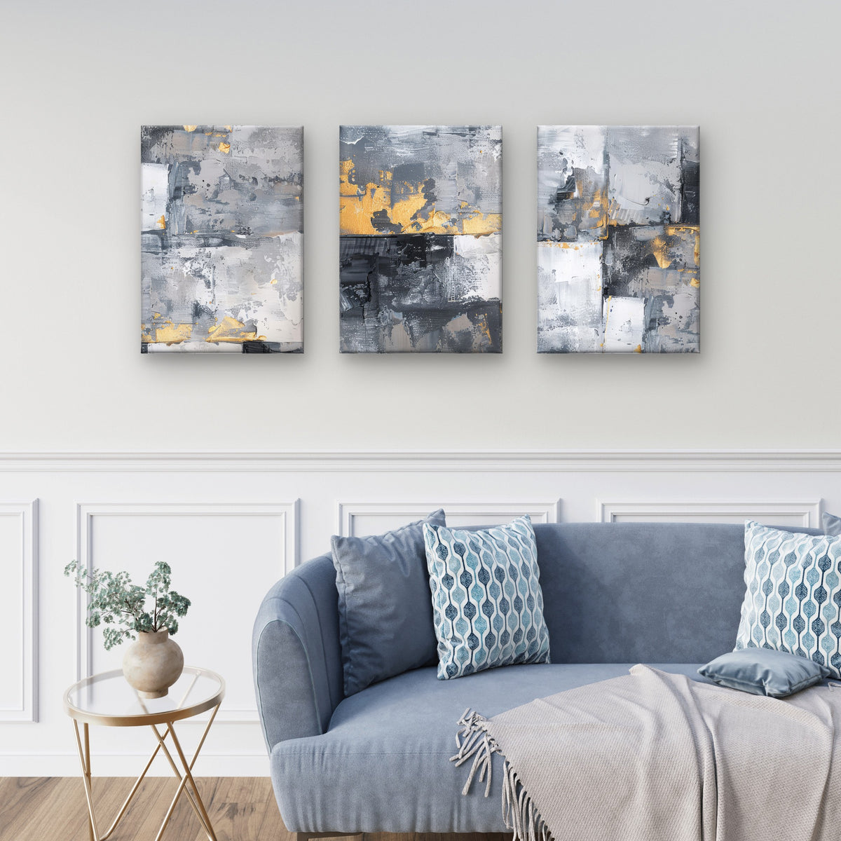 3pcs Abstract Grey Gold Leaf Palette Knife Wall Art Set Canvas Framed 50x70cm - High Quality Print 100% Australian Made Wall Canvas Ready to Hang
