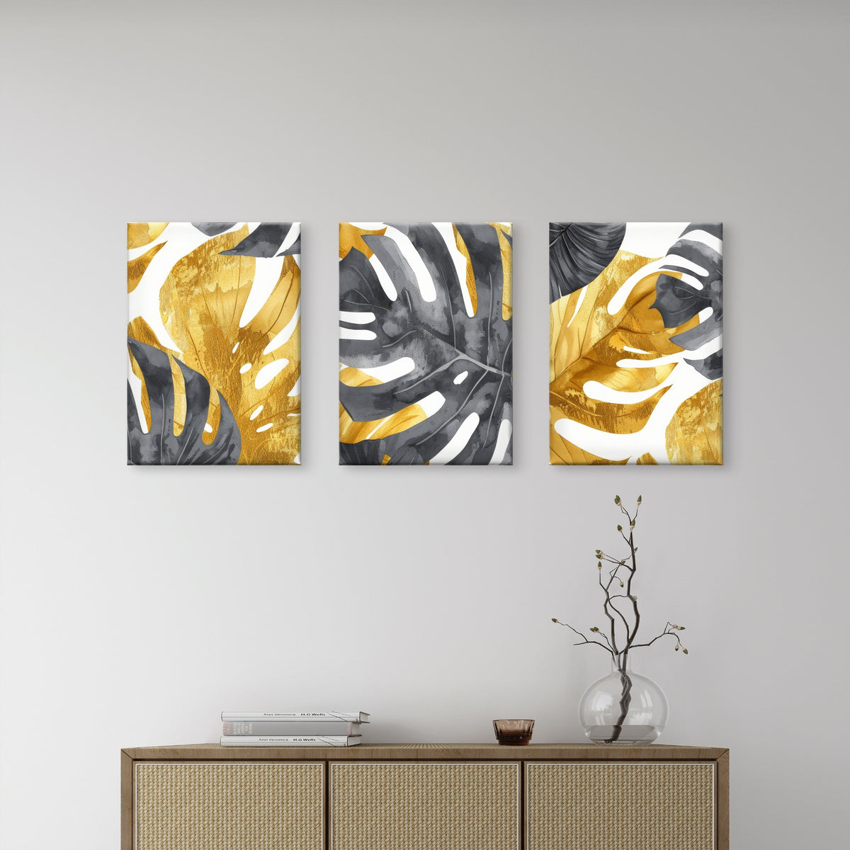 3pcs Monstera Palm Leaf Gold Grey Watercolor Metal Print Ready to Hang Art