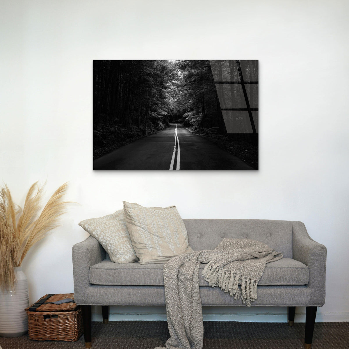 Monochrome Dark Forest Highway Scenery Acrylic Glass Printing Wall Art Australian Made Quality