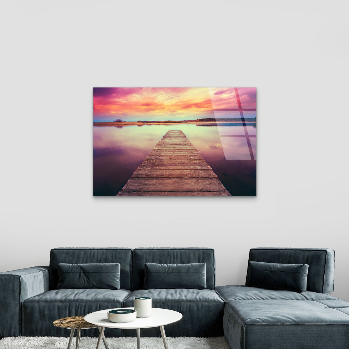 Wooden Jetty Lake Sunset Reflection Art Acrylic Glass Printing Wall Art Australian Made Quality