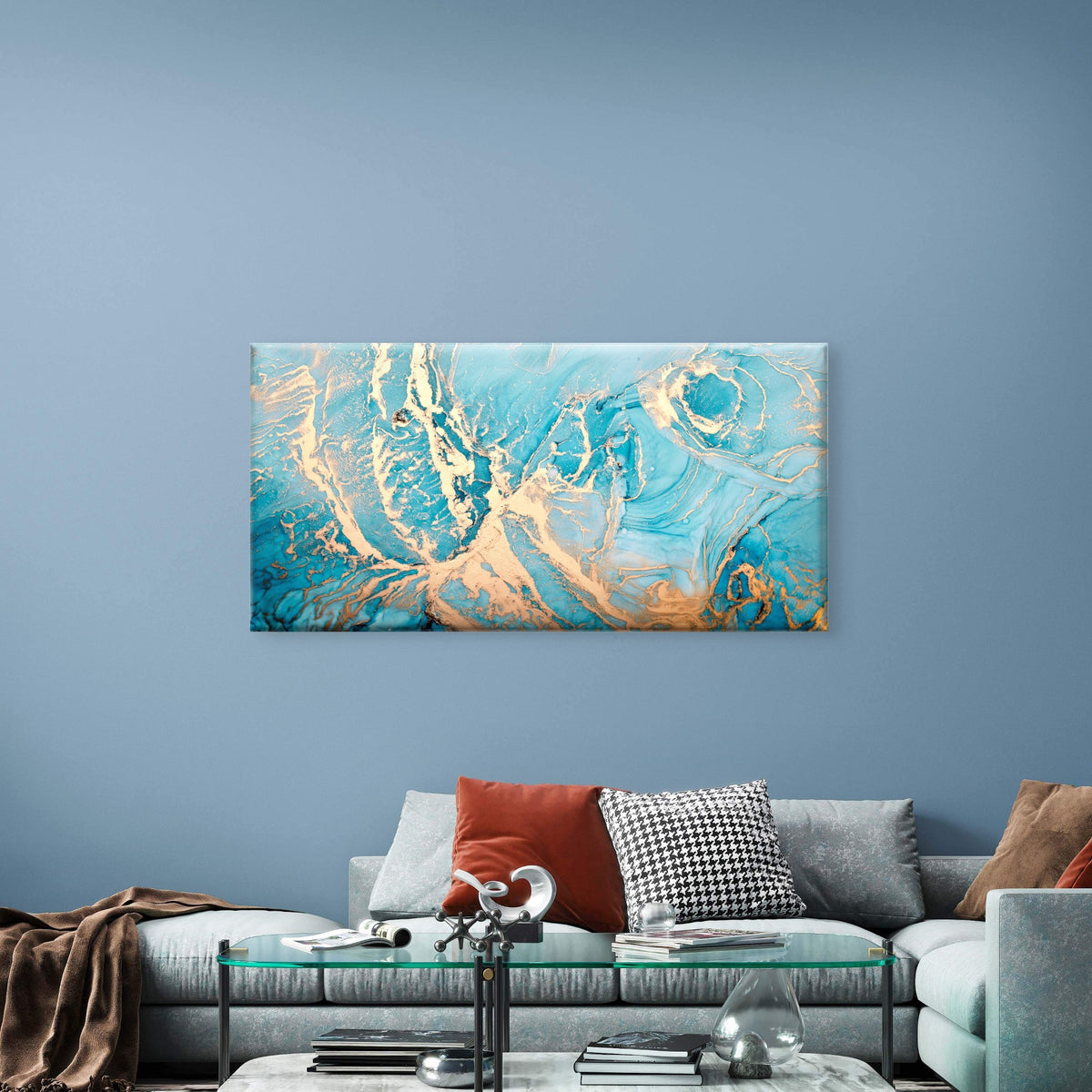 Abstract Turquoise Gold Alcohol Wall Art Canvas Office Home Framed 120x60cm