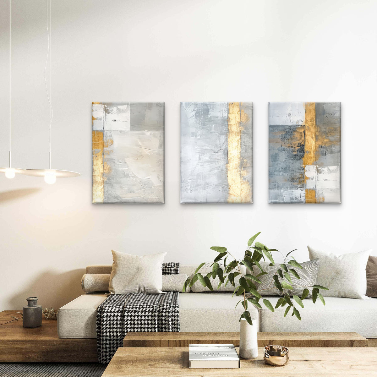 3pcs Gray Gold White Minimalist Foil Stripe Wall Art Set Canvas Framed 50x70cm - High Quality Print 100% Australian Made Wall Canvas Ready to Hang