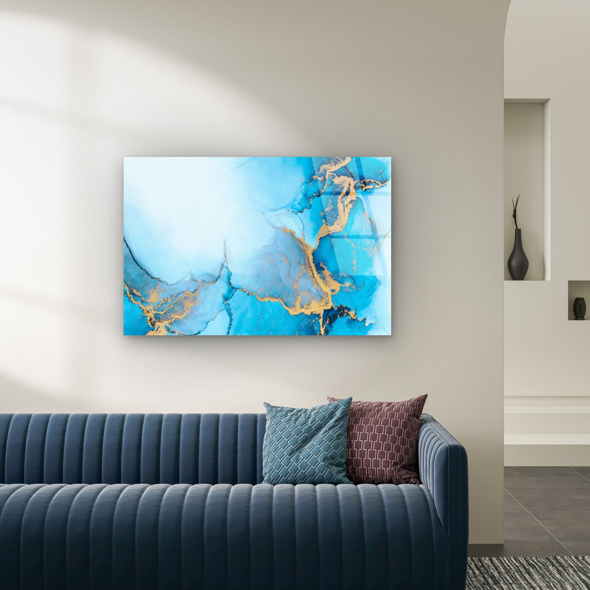 Blue Teal Gold Abstract Alcohol Ink Acrylic Glass Printing Wall Art Australian Made Quality
