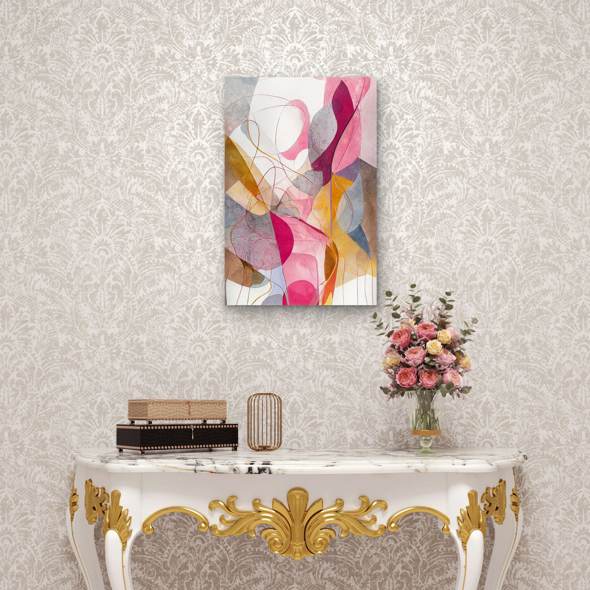 Modern Pink Yellow Abstract Watercolor Line 40x60cm Metal Print Ready to Han