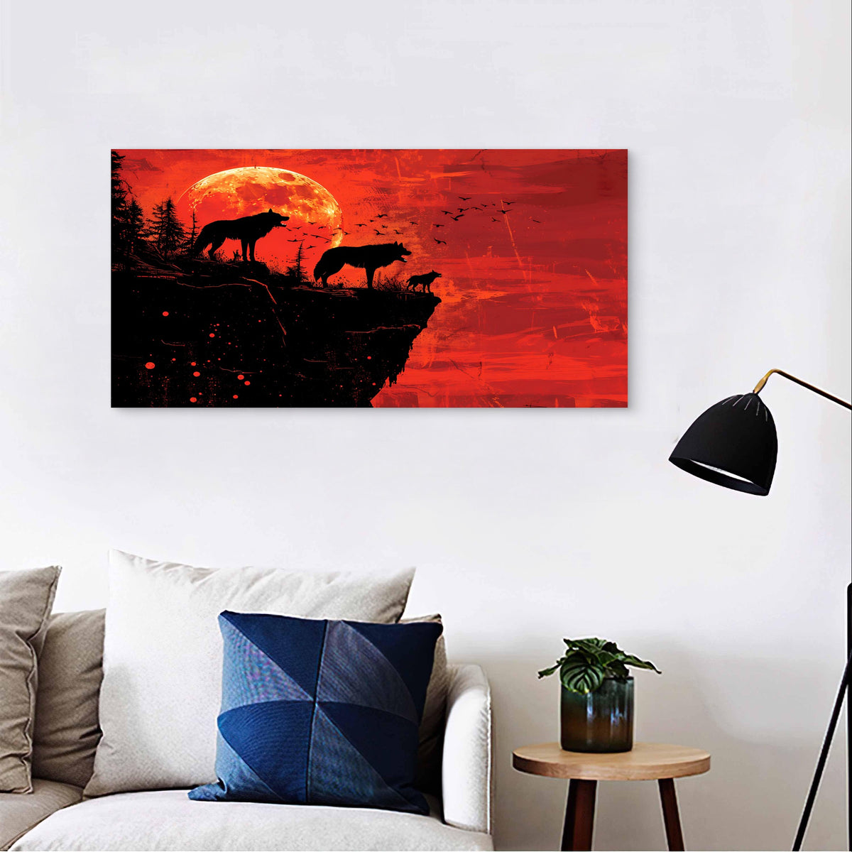 Abstract Red Blood Moon Wolf Pack Wall Art Canvas Office Home Framed 120x60cm