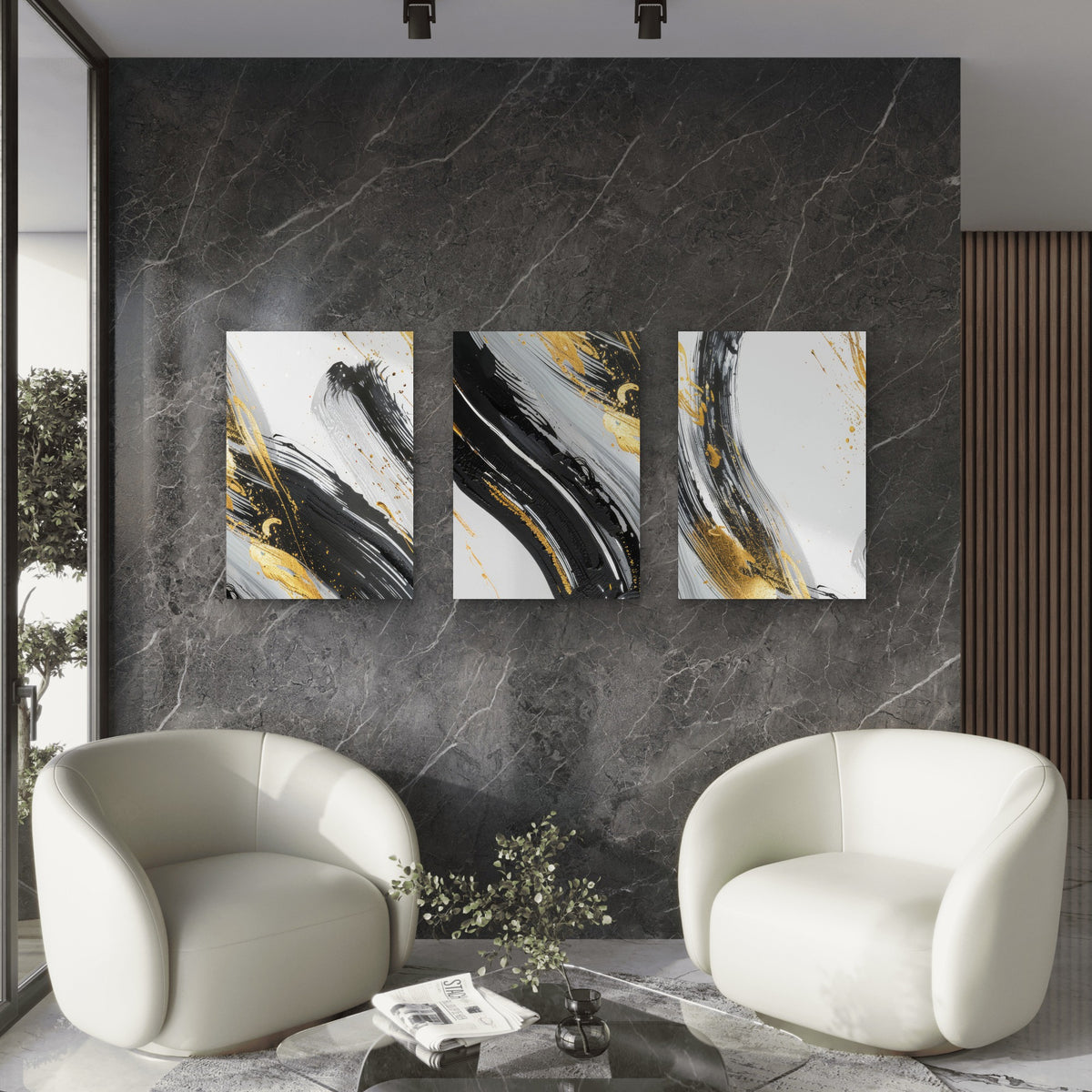 3pcs Modern Abstract Black Gold Brush Stroke Wall Art Set Canvas Framed 50x70cm - High Quality Print 100% Australian Made Wall Canvas Ready to Hang