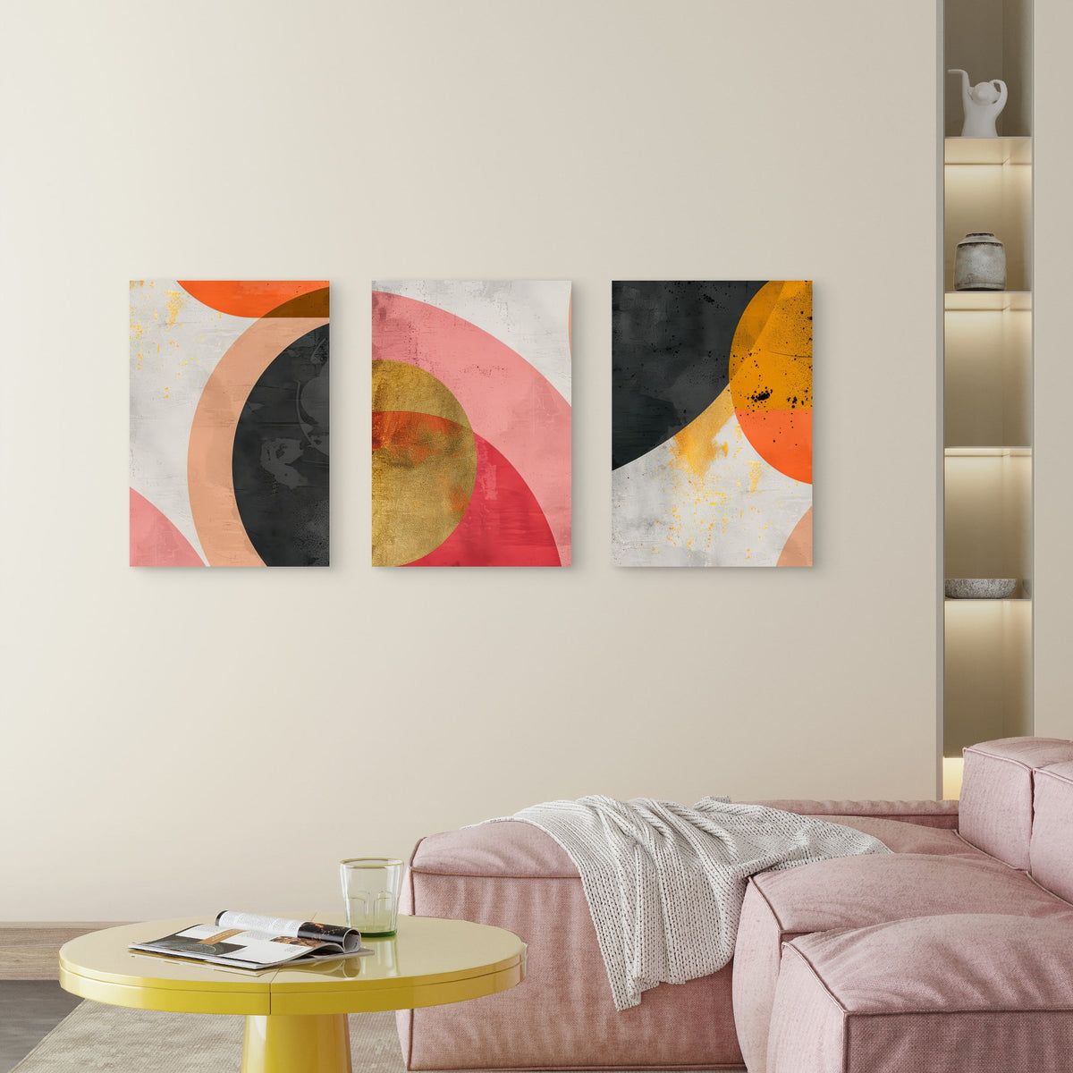 3pcs Mid Century Terracotta Pink Geometric Wall Art Set Canvas Framed 50x70cm - High Quality Print 100% Australian Made Wall Canvas Ready to Hang