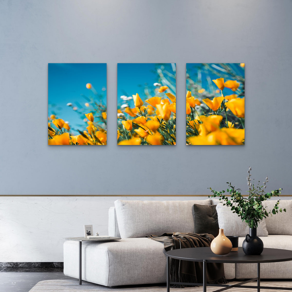 3pcs Yellow Poppy Flower Wildflower Bloom Wall Art Set Canvas Framed 50x70cm - High Quality Print 100% Australian Made Wall Canvas Ready to Hang