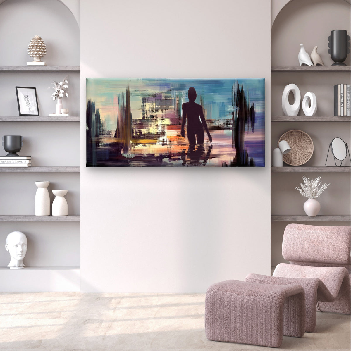 Woman Silhouette Sunset Water Wall Art Canvas Office Home Framed 120x60cm
