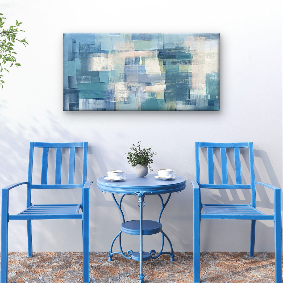 Blue Teal Block Abstract Oil Palette Wall Art Canvas Office Home Framed 120x60cm