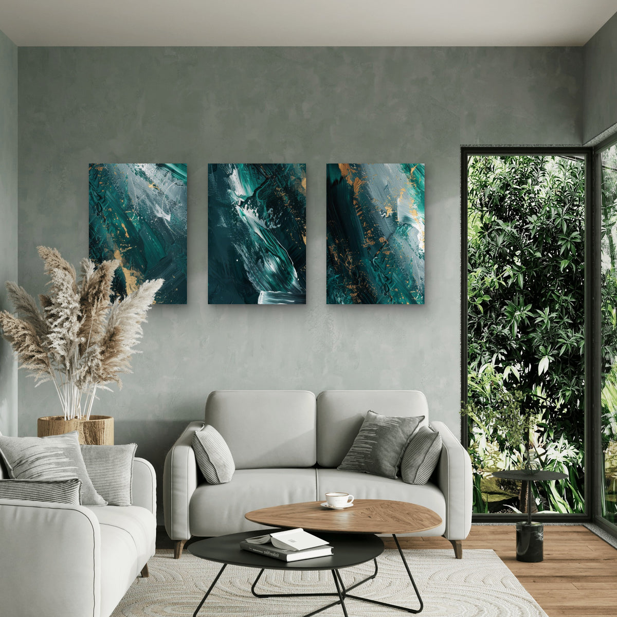3pcs Emerald Green Teal Abstract Gold Luxury Wall Art Set Canvas Framed 40x60cm - High Quality Print 100% Australian Made Wall Canvas Ready to Hang