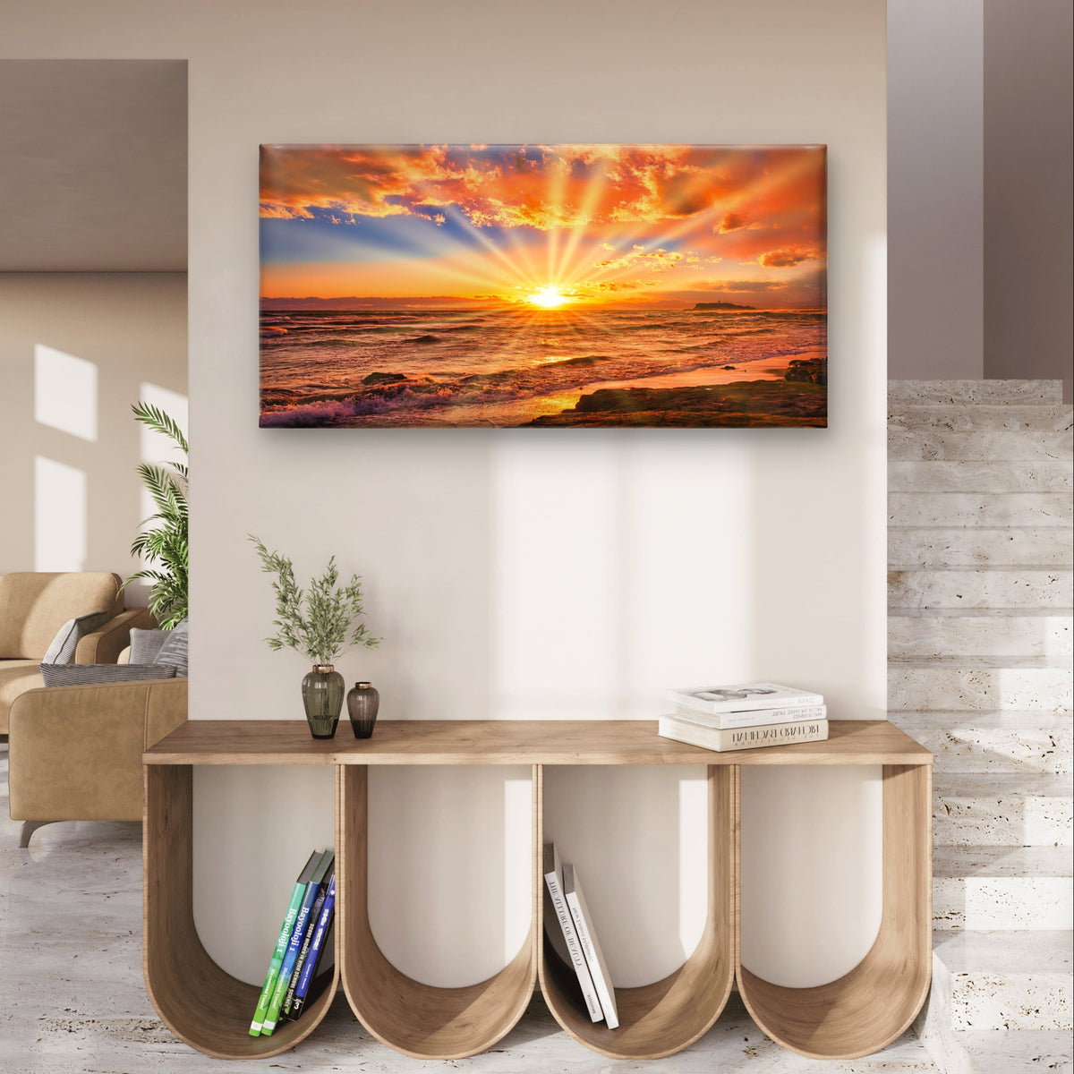 Ocean Sunset Sea Sunburst Waves Wall Art Canvas Office Home Framed 120x60cm