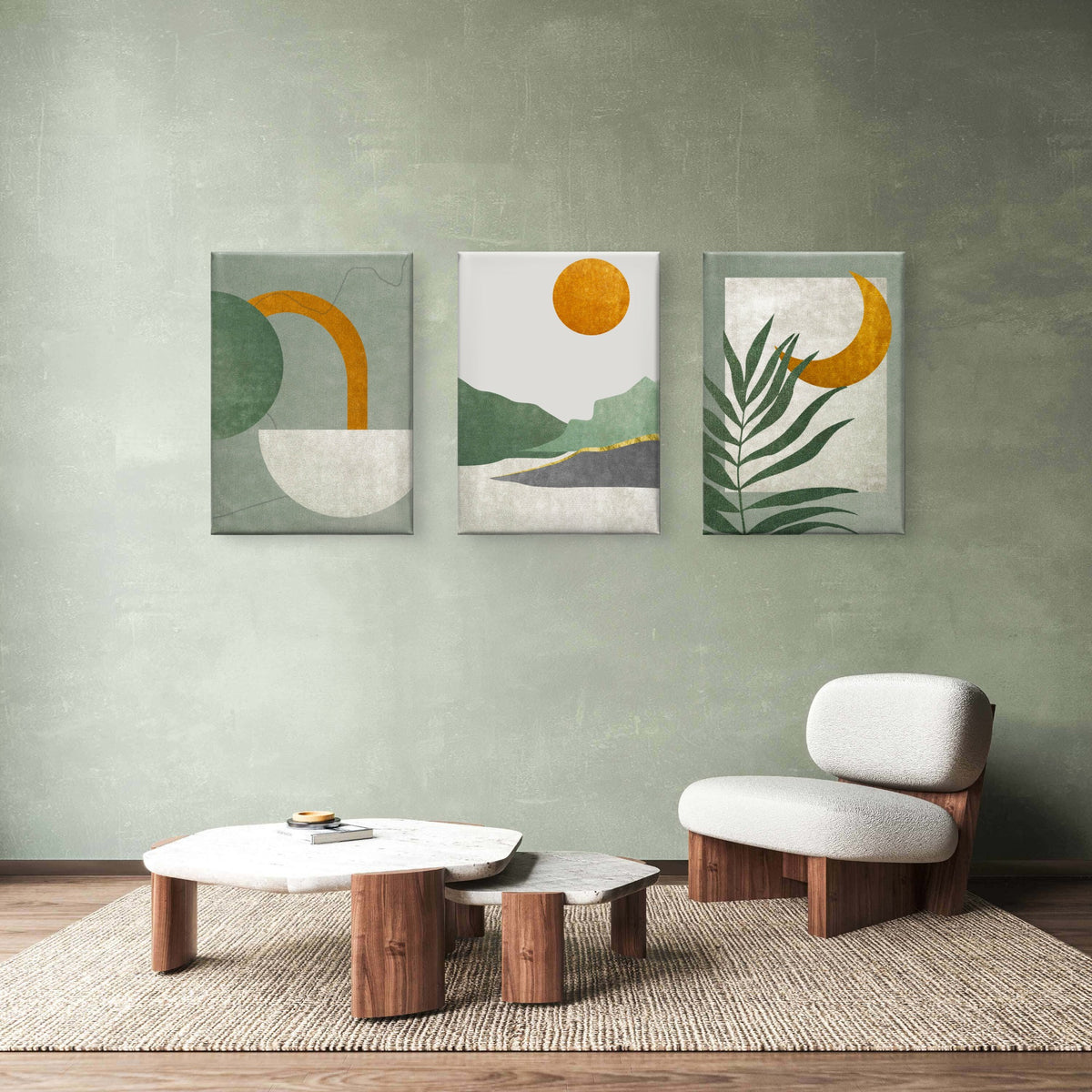 3pcs Majestic Sage Green Palm Leaf Canopy Wall Art Set Canvas Framed 50x70cm - High Quality Print 100% Australian Made Wall Canvas Ready to Hang