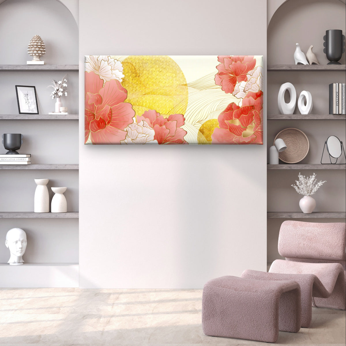 Japanese Pink Peony Gold Sun Print Wall Art Canvas Office Home Framed 120x60cm