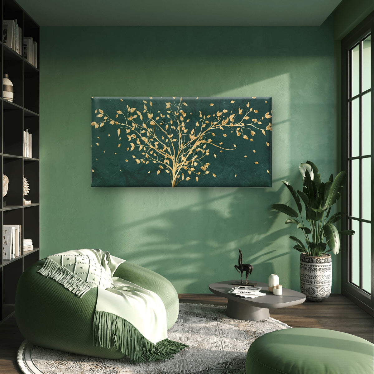 Dark Green Gold Foil Tree Life Art Wall Art Canvas Office Home Framed 120x60cm