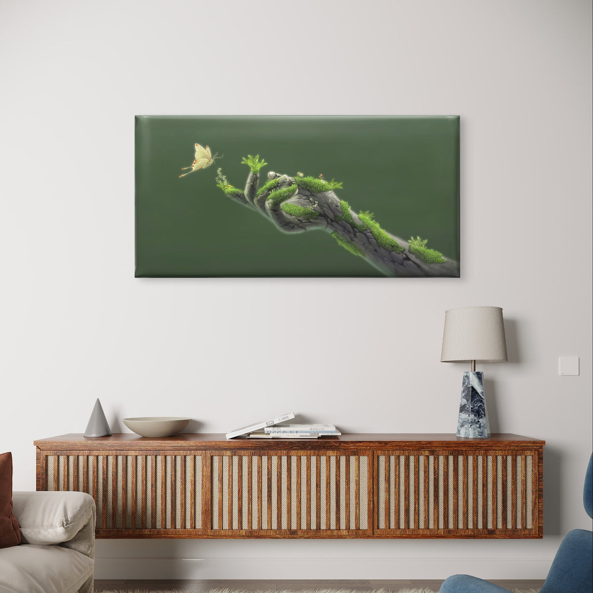 Mossy Tree Hand Butterfly Nature Wall Art Canvas Office Home Framed 120x60cm