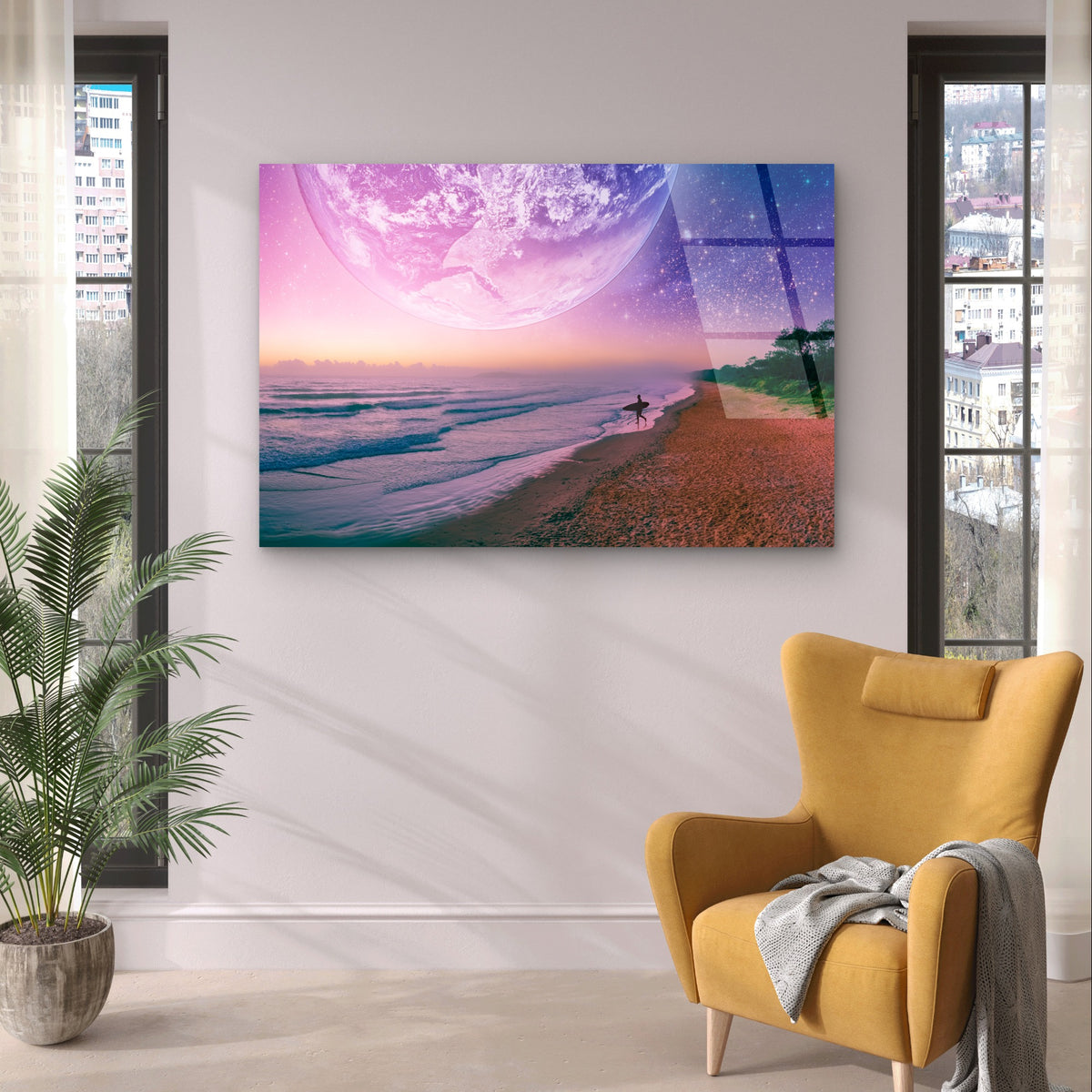 Surfer Beach Planet Space Fantasy Sky Acrylic Glass Printing Wall Art Australian Made Quality
