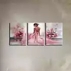 3pcs Elegant Pink Dress Woman with Pink Florals Canvas Unframed - High Quality Print 100% Australian Made Wall Canvas