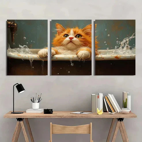 3pcs Funny Orange Kitten in Bathtub Wall Art Canvas Unframed - High Quality Print 100% Australian Made Wall Canvas - Bella Home Decor