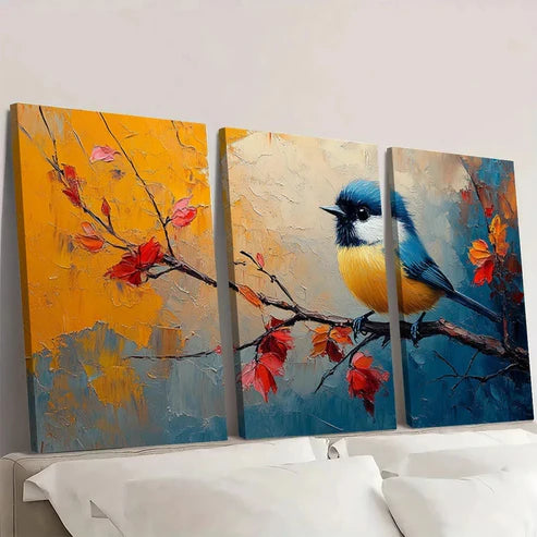 3pcs Vibrant Abstract Chickadee Bird0 Wall Art Set Canvas Unframed - High Quality Print 100% Australian Made Wall Canvas