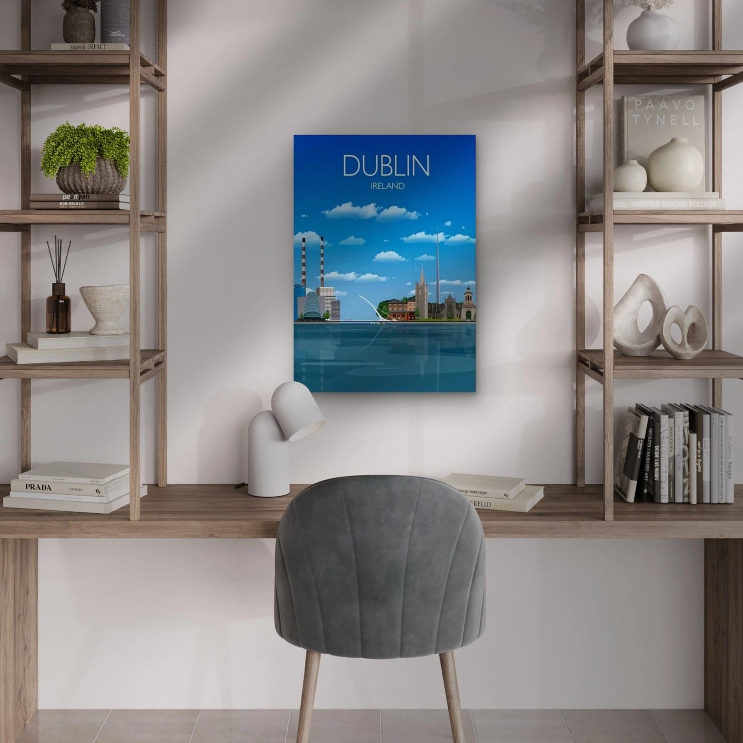 Dublin Vibrant Cityscape with Landmarks, Blue Sky Travel Poster Print Wall Art