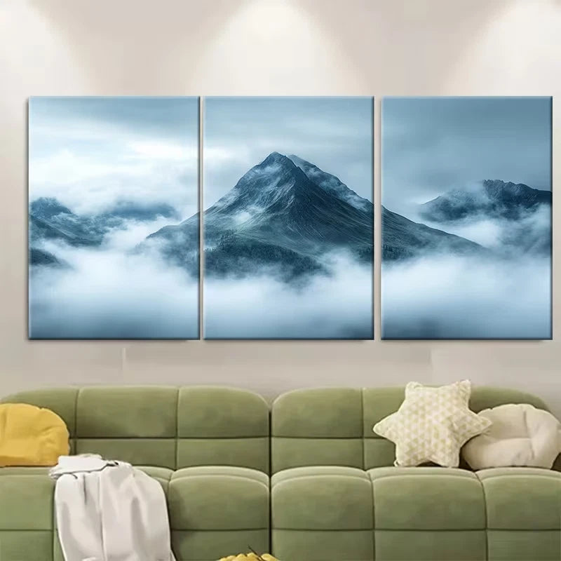 3pcs Misty Mountain Tranquil Cloudy Landscape Metal Print Ready to Hang Art