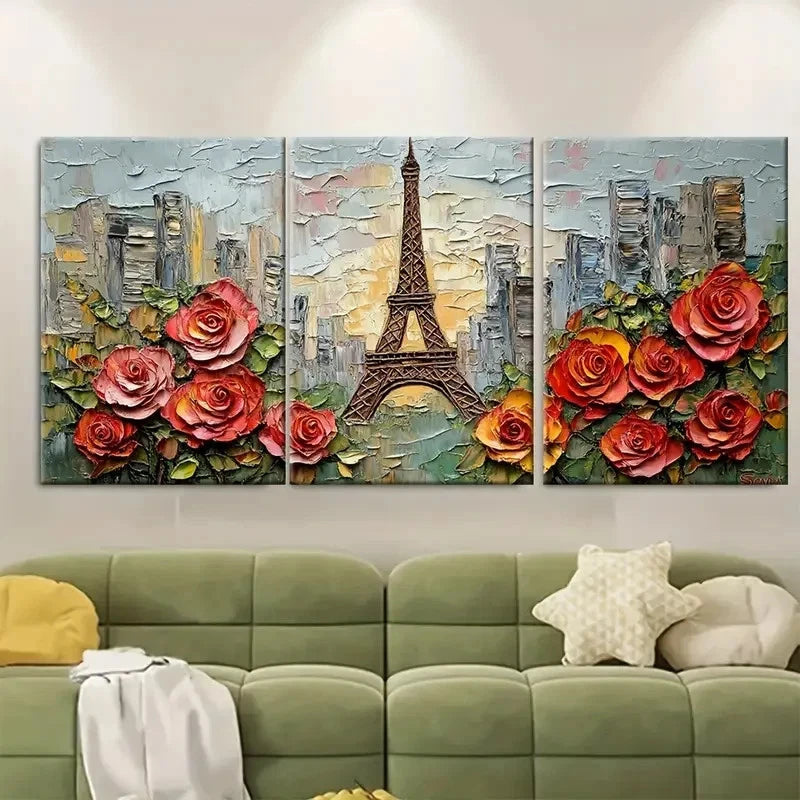 3pcs Paris Oil Painting Eiffel Tower Impasto Metal Print Ready to Hang Art