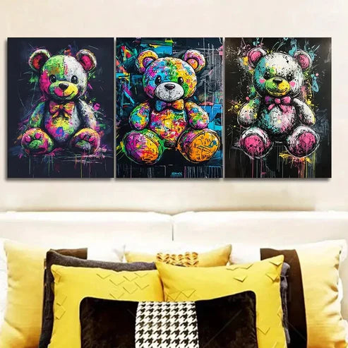 3pcs Colorful teddy bear graffiti Wall Art Canvas Unframed - High Quality Print 100% Australian Made Wall Canvas - Bella Home Decor