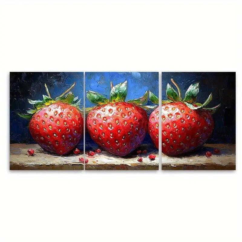 3pcs Vibrant Red & Green Strawberries Fruit Wall Art Set Canvas Framed 60x90cm - High Quality Print 100% Australian Made Wall Canvas Ready to Hang - Bella Home Decor