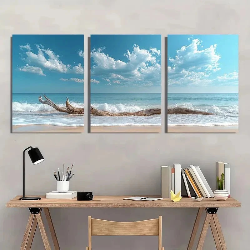 3pcs Bright Blue Sky and Ocean Waves Wall Art Set Canvas Framed 60x90cm - High Quality Print 100% Australian Made Wall Canvas Ready to Hang