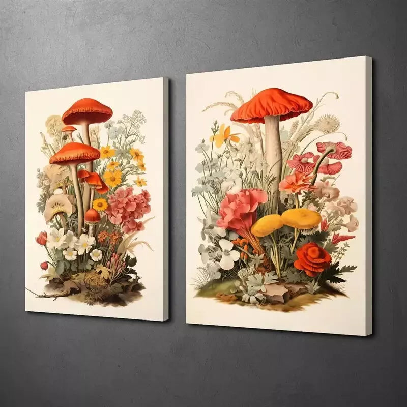 2pcs Realism, Retro Mushroom Art, Floral Plants Canvas Framed 50x75cm - High Quality Print 100% Australian Made Wall Canvas Ready to Hang - Bella Home Decor