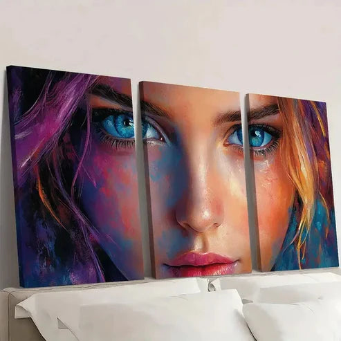3pcs Blue Eyes, Modern Painting in Purple, Pink Wall Art Set Canvas Unframed - High Quality Print 100% Australian Made Wall Canvas - Bella Home Decor